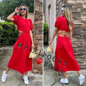 Zara Cut Out Poplin A-Line MIDI Dress Puff Sleeves Red SIZE XS NEW